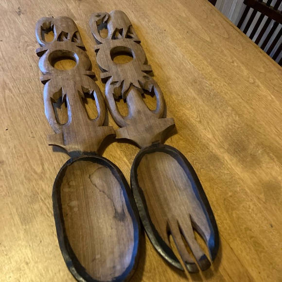 Source Unknown Other - Vintage hand carved wooden spoon and fork salad set